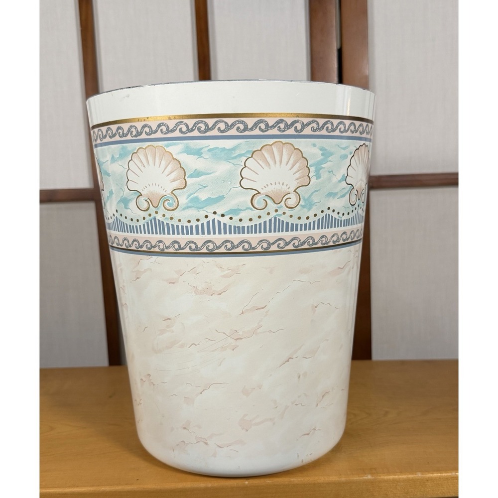 Vintage Gold Faux Marble Seashell Wastebasket Trash Can Seaside Coastal Bathroom